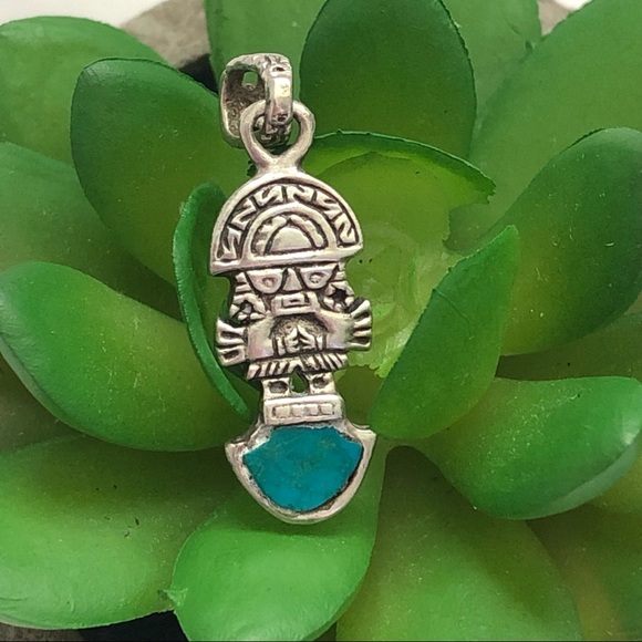 Vintage Inca Tumi Sterling Silver Chrysocolla  Inlay Pendant Charm - Picture 3 of 7